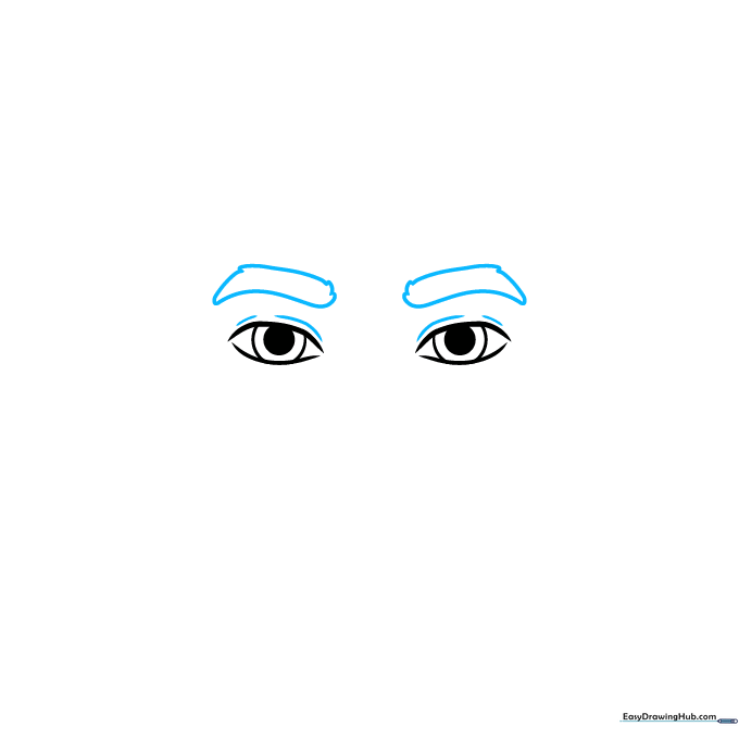 Drawing of eyes with added eyelids and textured eyebrows sketched with short, hair-like strokes.