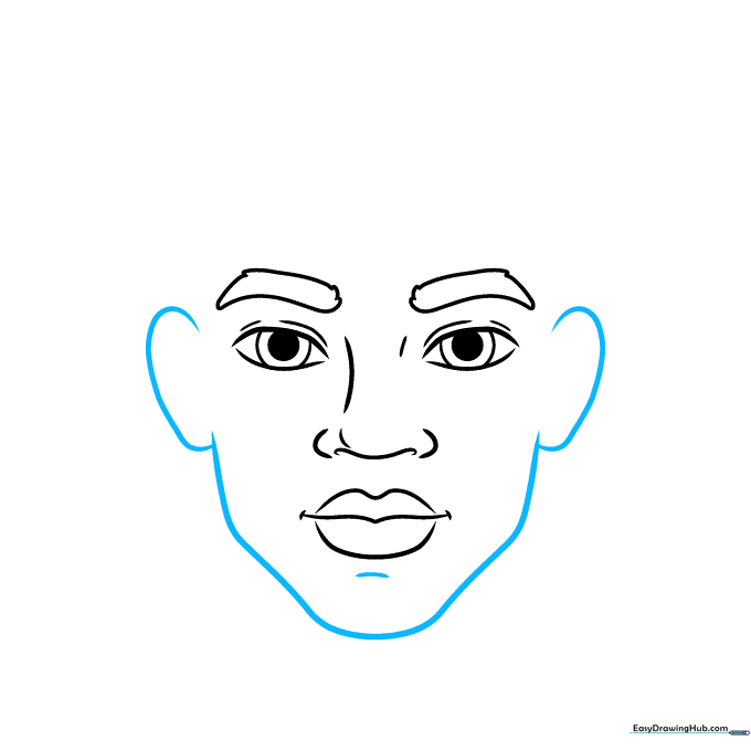 Outline of a face showing the jawline, chin, and ear placement.