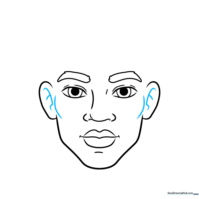 Facial sketch with added contour lines for cheekbones and inner ear details.