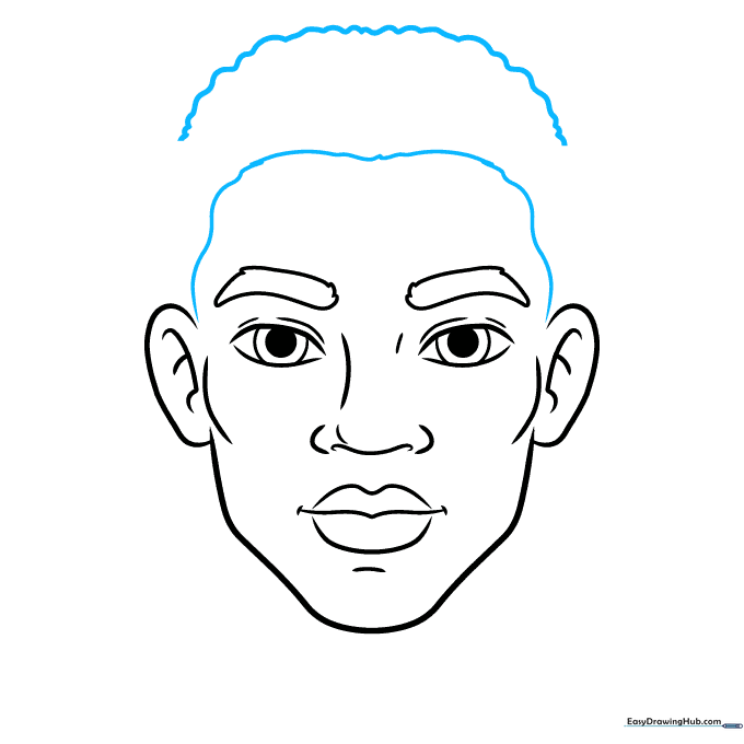Sketch of a face with a wavy hairline and hair volume added to the top of the head.