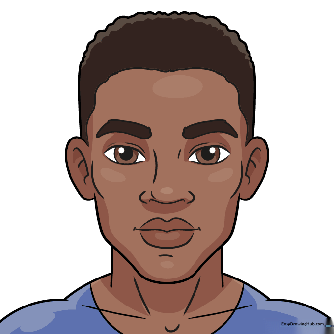 Completed, colored portrait of a Black man with warm skin tones and a shirt.