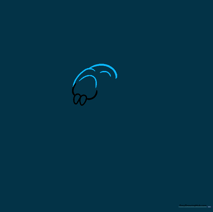 Drawing the rounded midsection of the spider connected to the head using smooth, overlapping curved lines.
