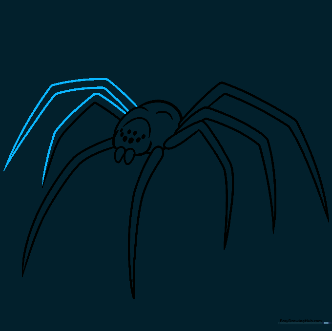Refining the sixth leg and adding the seventh leg to the spider's body.
