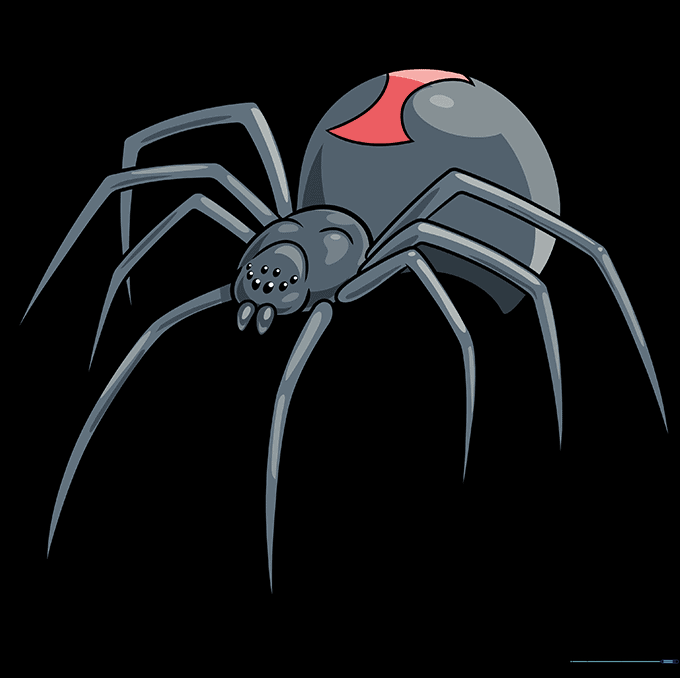 The completed, colored Black Widow spider with a shiny black body and bright red hourglass marking.