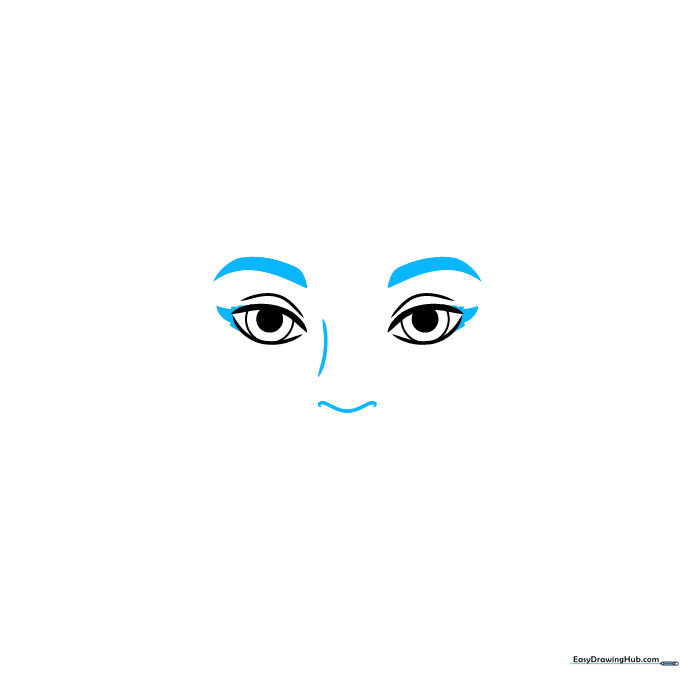 Detailed sketch showing defined eyebrows, eyelashes, and the structure of the nose.