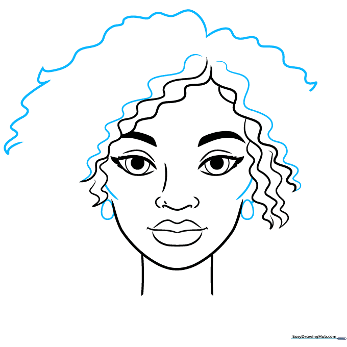Sketch showing ears with oval earrings and added hair volume.