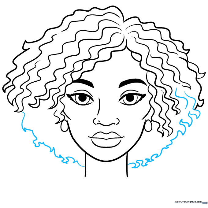 Drawing showing the hair framing the face and connecting to the neck.