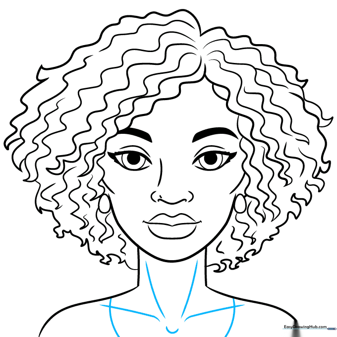 Completed line art of a woman with a shirt neckline and collarbone details.