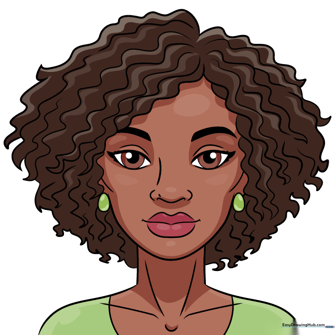 Finished, colored portrait of a Black woman with vibrant hair and clothing.