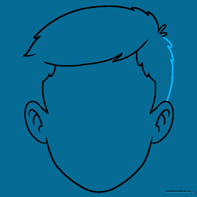 The hair outline is completed, connecting the top of the head to the ears.