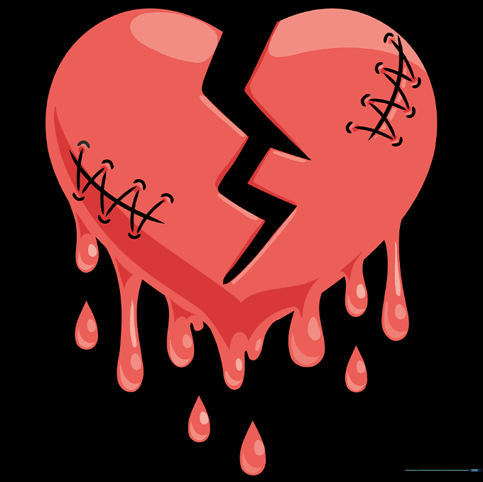 The finished, colored bleeding heart illustration with red shading and highlights.