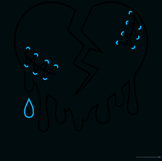 Detailing the stitches with small curves and adding a single teardrop shape below the heart.