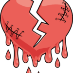 A vibrant, finished illustration of a stylized bleeding heart with stitches and droplets.