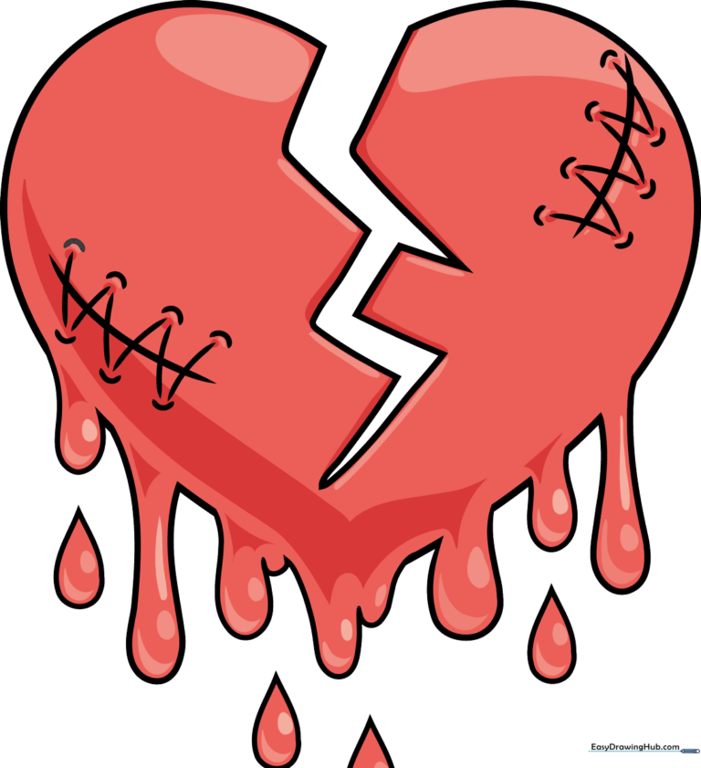 A vibrant, finished illustration of a stylized bleeding heart with stitches and droplets.