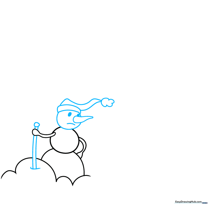 Detailed sketch of a snowman with a carrot nose, hat, and arms added to the base.