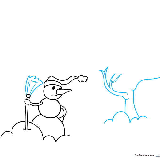 Adding a bare, winter tree and a broom to the snowman scene.