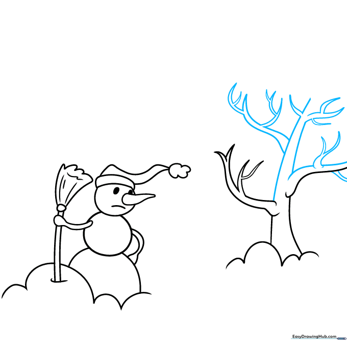 Adding fine, sharp twigs to the winter tree branches.