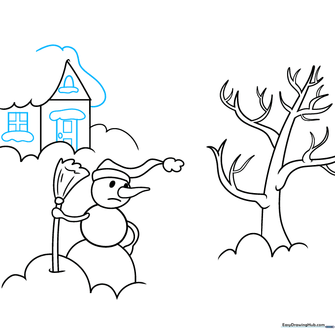 Adding windows and a door to the house, with snow details on the ledges.