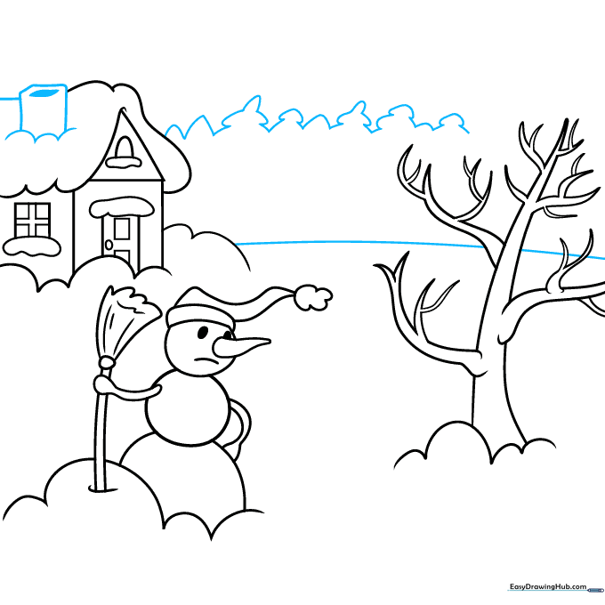 Adding a horizon line, distant pine trees, and a chimney to the drawing.