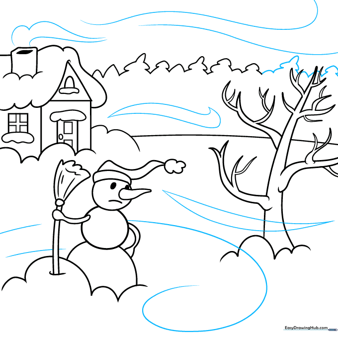 Adding swirling wind lines across the scene to depict a blizzard.