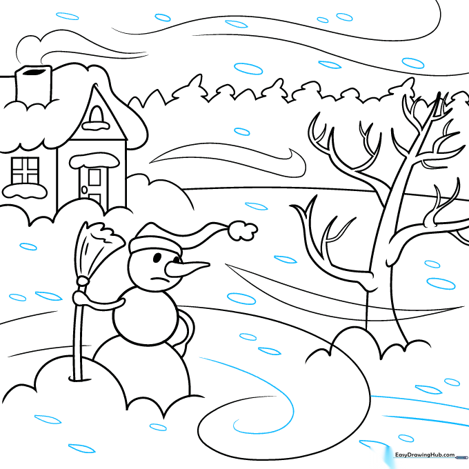 Adding small ovals throughout the scene to represent falling snowflakes.