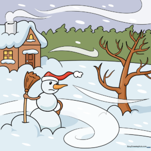 A complete, colored illustration of a winter blizzard scene featuring a snowman and a house.
