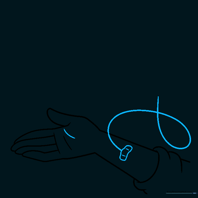 Drawing a bandaid on the arm and a coiled tube leading toward the top of the page.