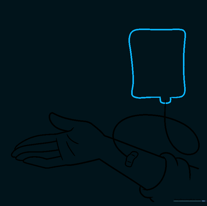 Sketching the rectangular blood bag with a connection point for the tube.