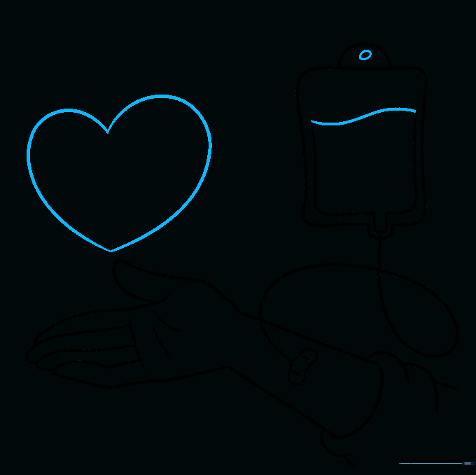Finalizing the blood bag with liquid levels and adding a large heart symbol above.