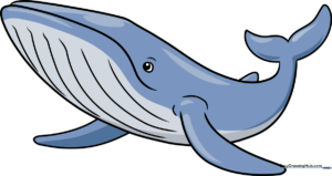 A colorful, friendly cartoon blue whale swimming, representing the final result of the tutorial.