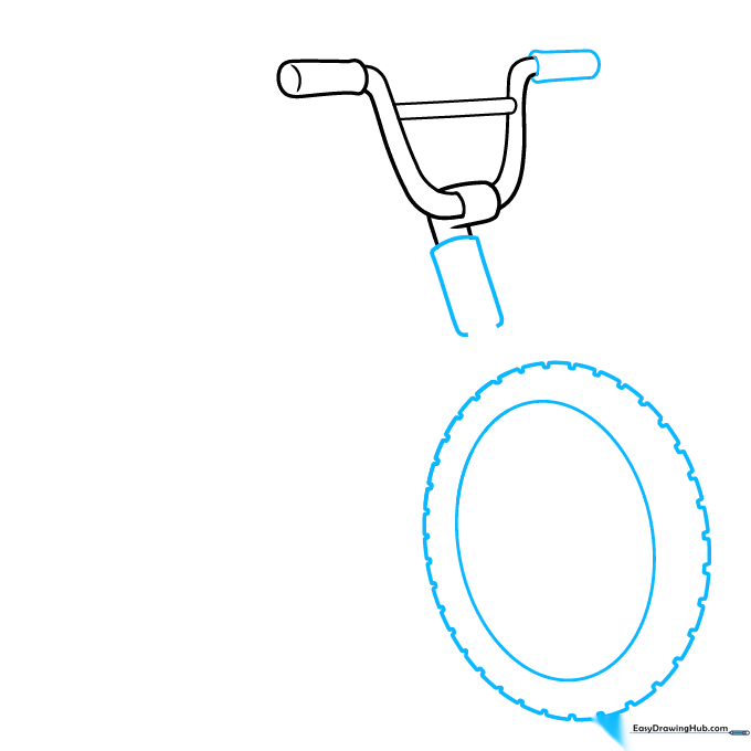 Drawing the handlebars and the rear tire outline using ovals and cylinders.
