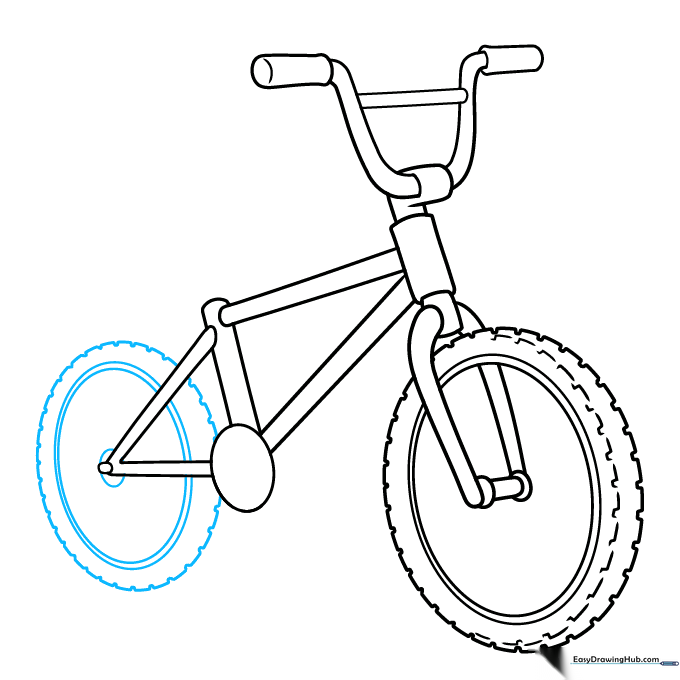 Detailed sketch of the front wheel with tire tread patterns.