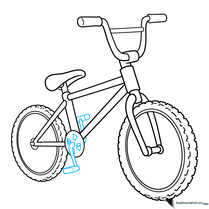 Drawing the pedals attached to the center of the bike frame.