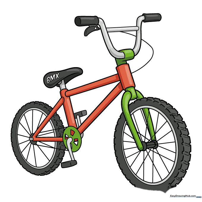 The completed BMX bike drawing colored with bright orange and green markers.