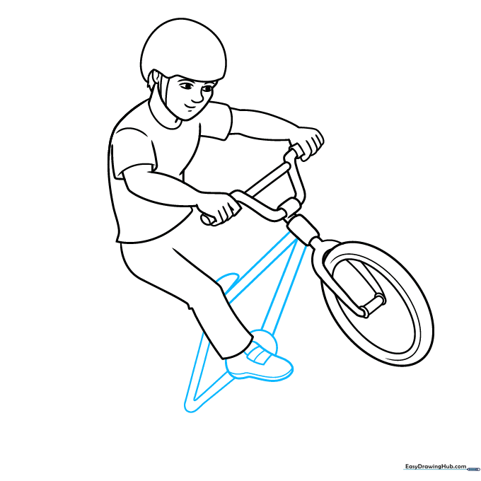 Detailing the BMX rider's shoe and knee area.