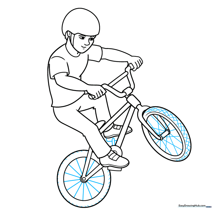 Adding pedals and wheel spokes to the BMX bike.