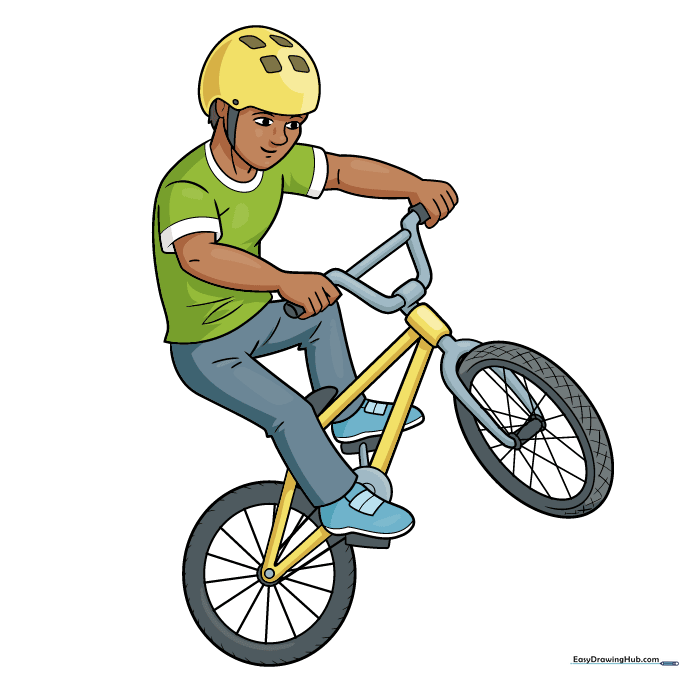 Fully colored BMX rider drawing with vibrant clothing and metallic bike accents.