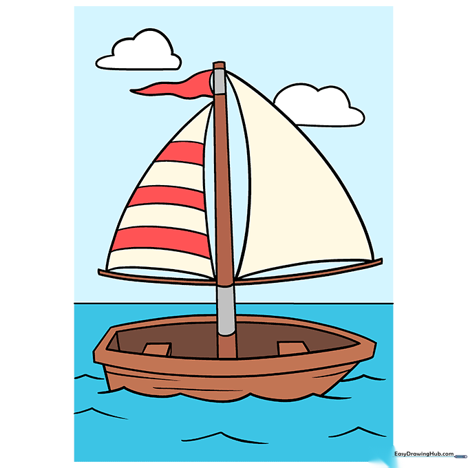 Finished, colored drawing of a sailboat on the water with clouds in the sky.