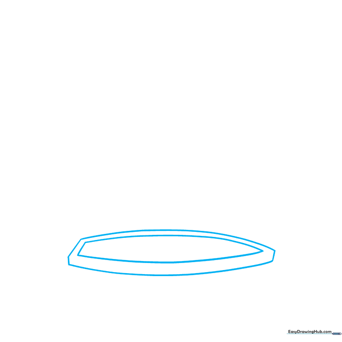 Pencil sketch of a boat hull showing a flattened teardrop shape on white paper.