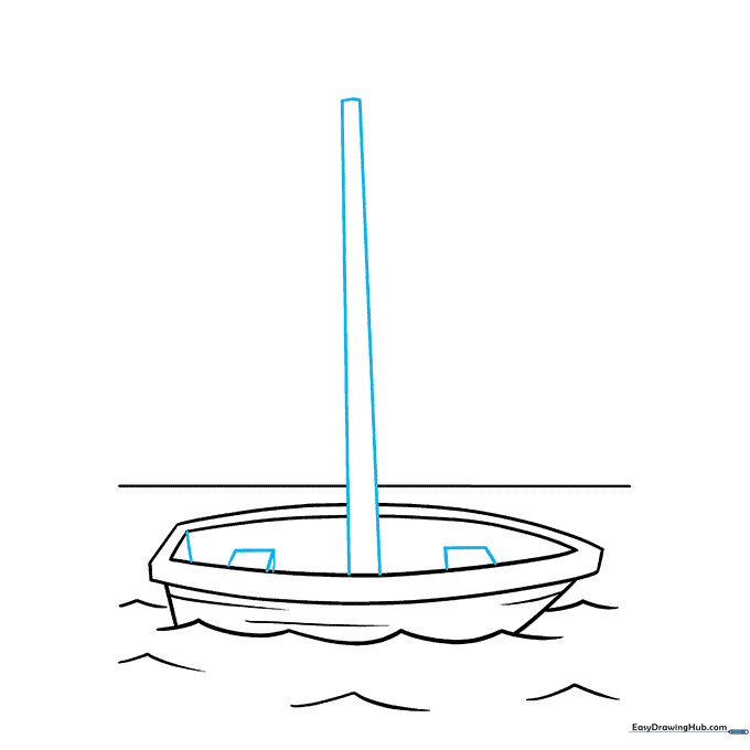 Boat drawing showing the addition of a central mast and interior seating rectangles.