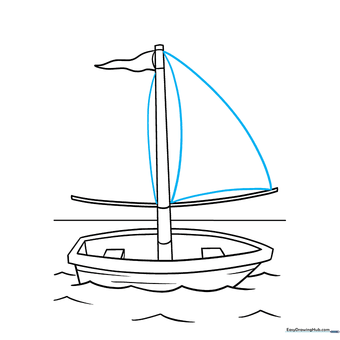 Boat drawing with a large triangular sail attached to the mast.