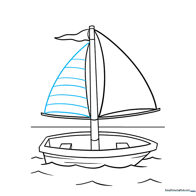 Boat drawing with two sails featuring horizontal lines for fabric texture.