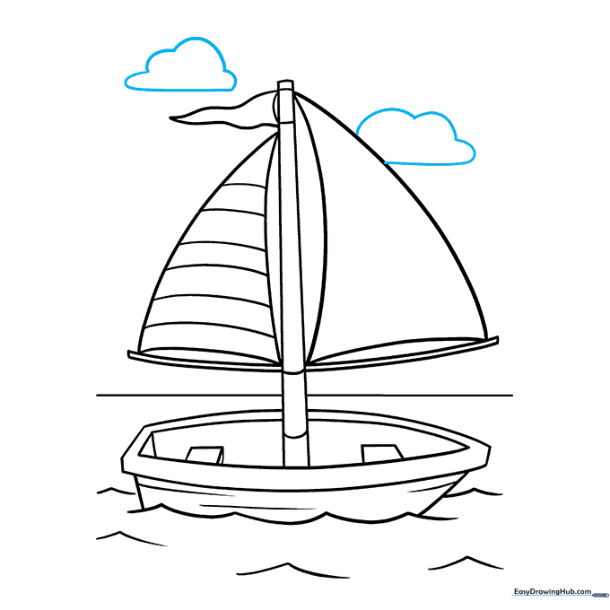 Boat drawing with fluffy clouds added to the sky area.