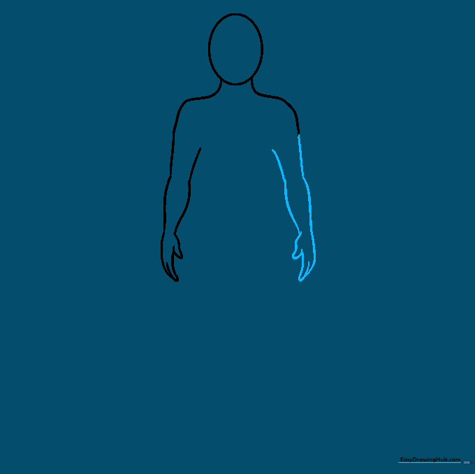 Adding the second arm to the body outline to complete the upper torso structure.
