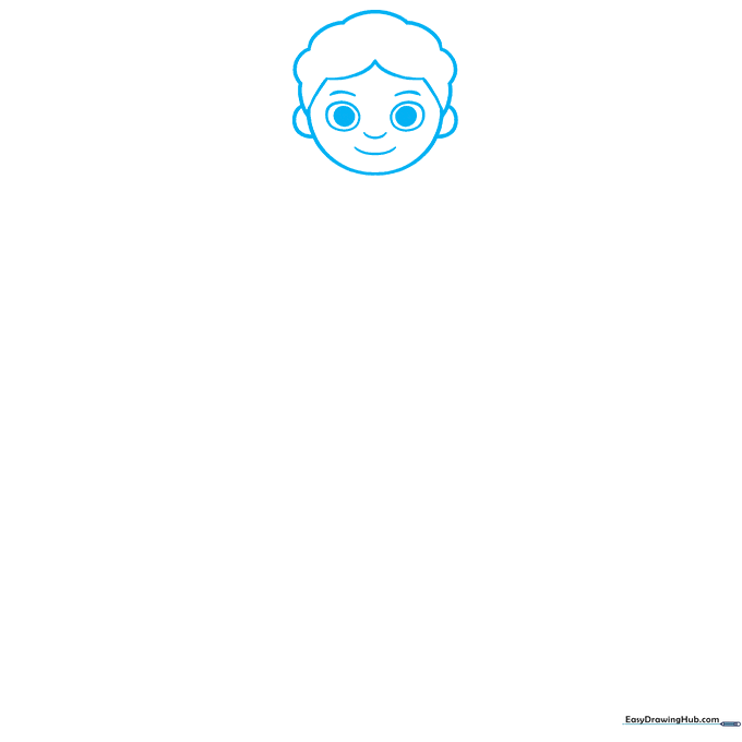 Pencil sketch of a cartoon boy's head showing eyes, nose, and mouth for an anatomy diagram.