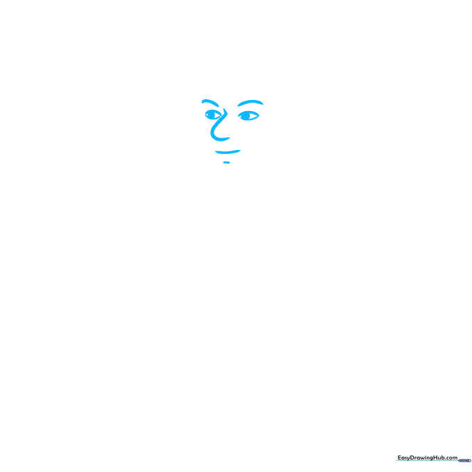 Close-up sketch of a cartoon bodybuilder face showing eyes, nose, and mouth details.