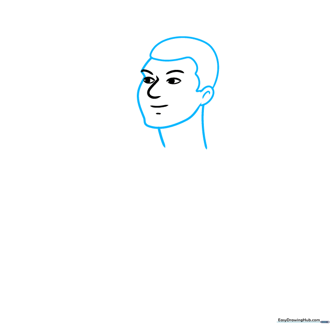 Drawing the head, hair, and neck outline for a cartoon bodybuilder character.