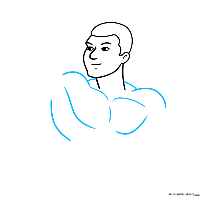 Sketching the upper torso, including rounded shoulder muscles and chest definition.