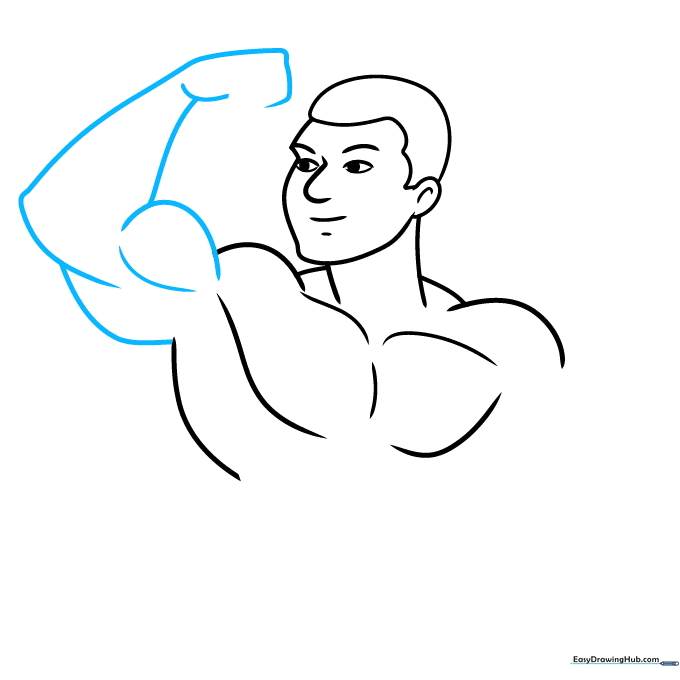 Drawing a large, flexed bicep and forearm on the bodybuilder character.