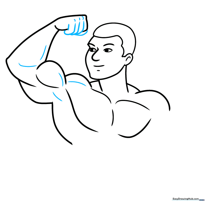 Adding detail to the hand and forearm muscles of the cartoon bodybuilder.